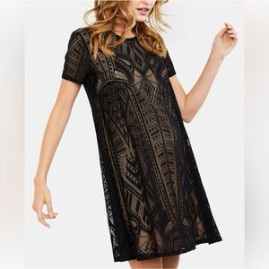 BCBGMaxAzria Black and Nude Short Sleeve Lace A-Line Shift Maternity Dress Sz L
